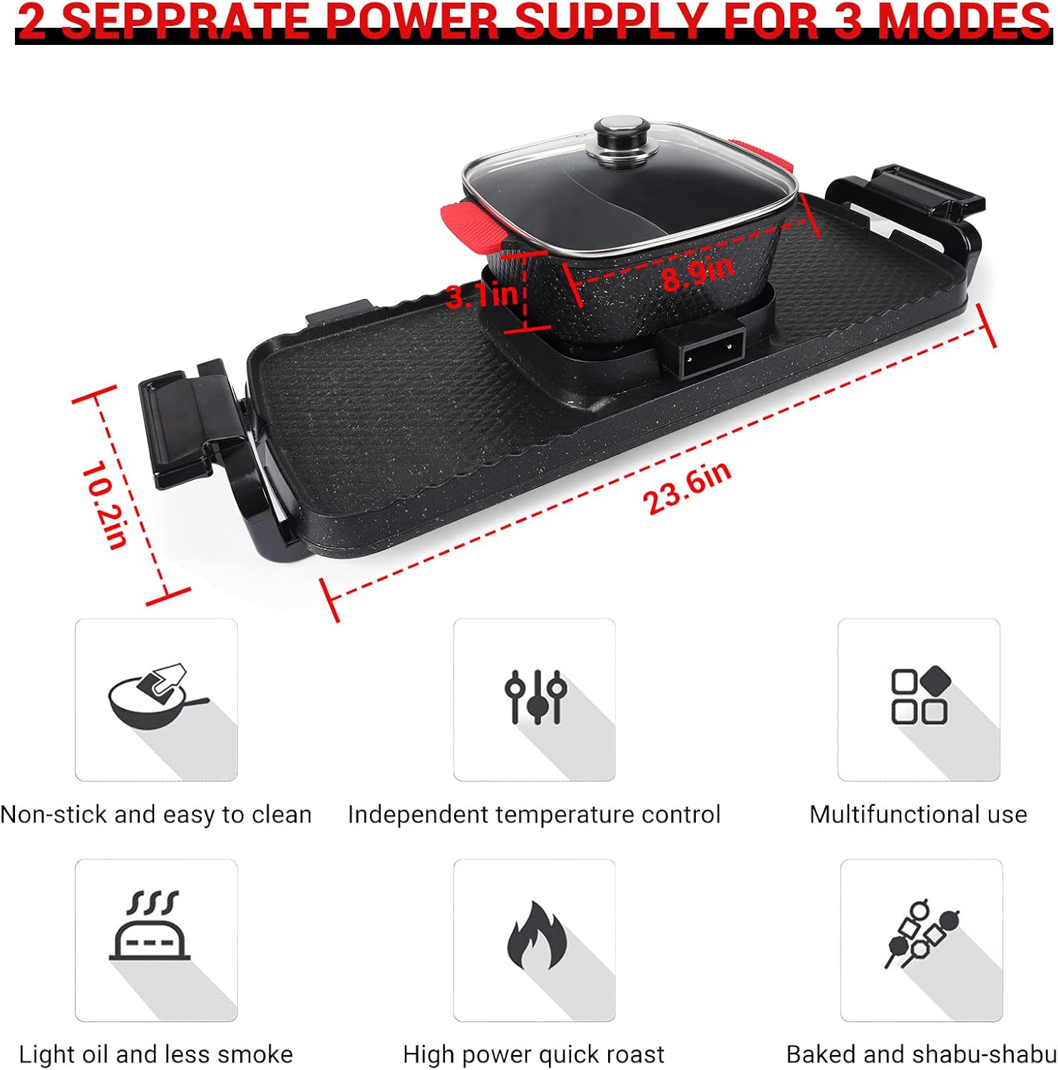 Barbecue Hot Pot 2 In 1, Indoor Korean BBQ, Dual Control Shabu Shabu, Hot Pot with Grill, Multifunction Smoke Free Stove Portable with Free Spoons, Brushes, Pliers, Strainer Scoops 110v.