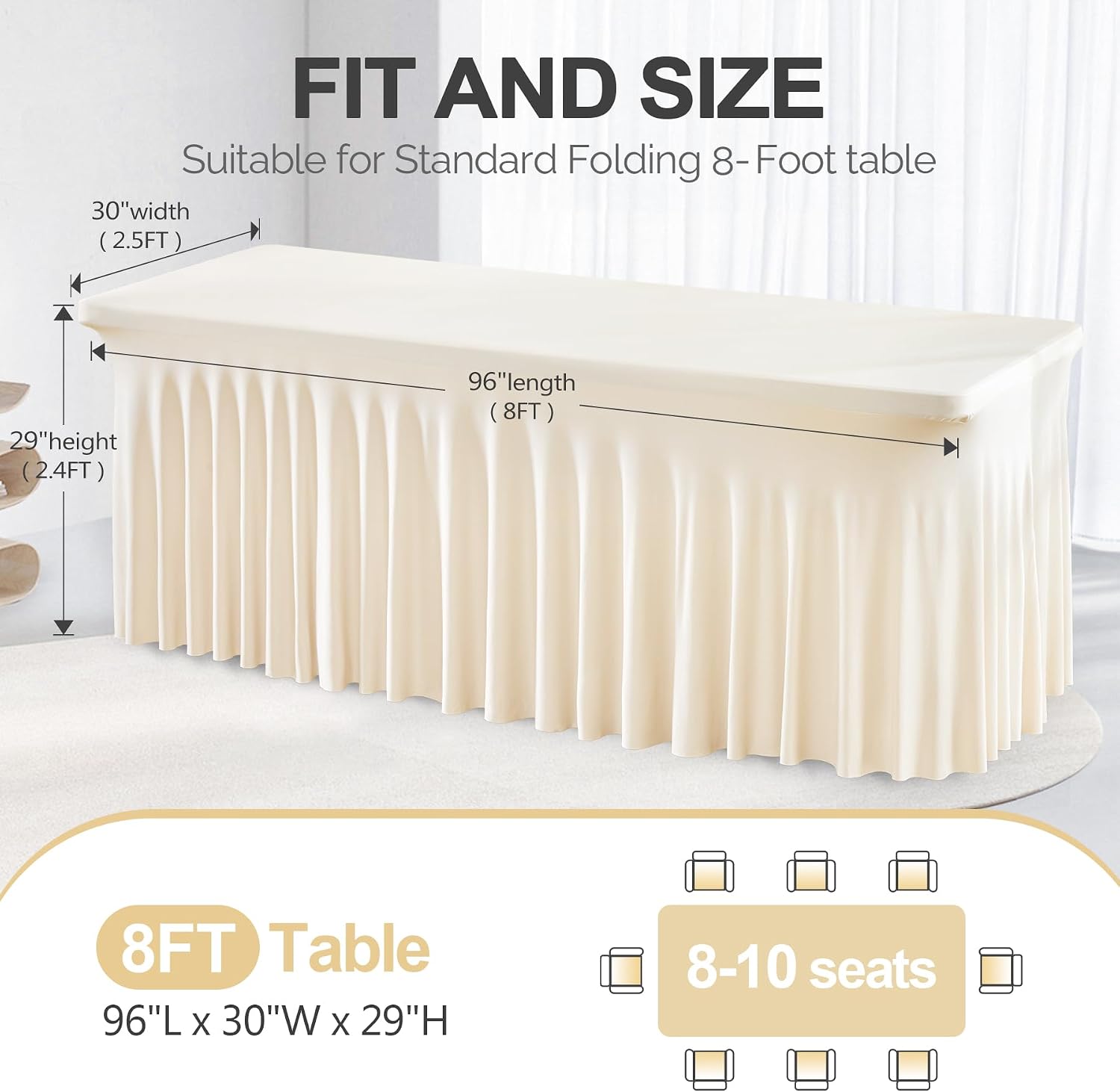 PARTISKY 6 Pack Ivory Spandex Table Cloths for Rectangle Tables 8ft, Ivory Table Skirt for Party, Table Cover with Skirt for Wedding Folding Table Banquet Baby Shower & Birthday Parties
