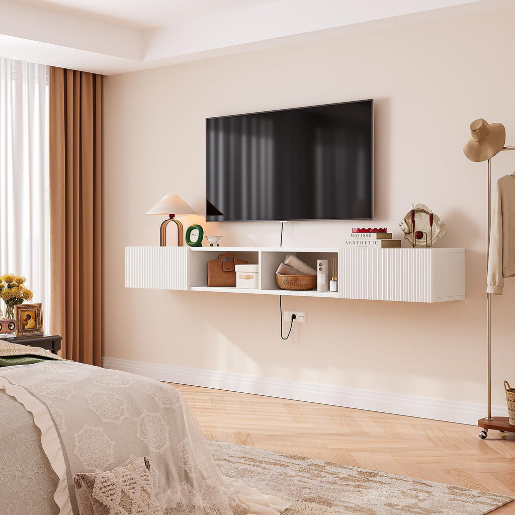 55 inch Plywood Floating TV Stand, Wall Mounted Media Console with Fluted Doors, Mid-Century Modern Entertainment Center, Space-Saving Hanging Cabinet for Living Room,White