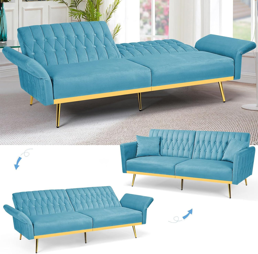 70' Velvet Futon Sofa Bed with 2 Pillows and Adjustable Armrests, Convertible Sleeper Bed W/Adjustable Backrests, Modern Loveseat for Living Room, Bedroom, Baby Blue