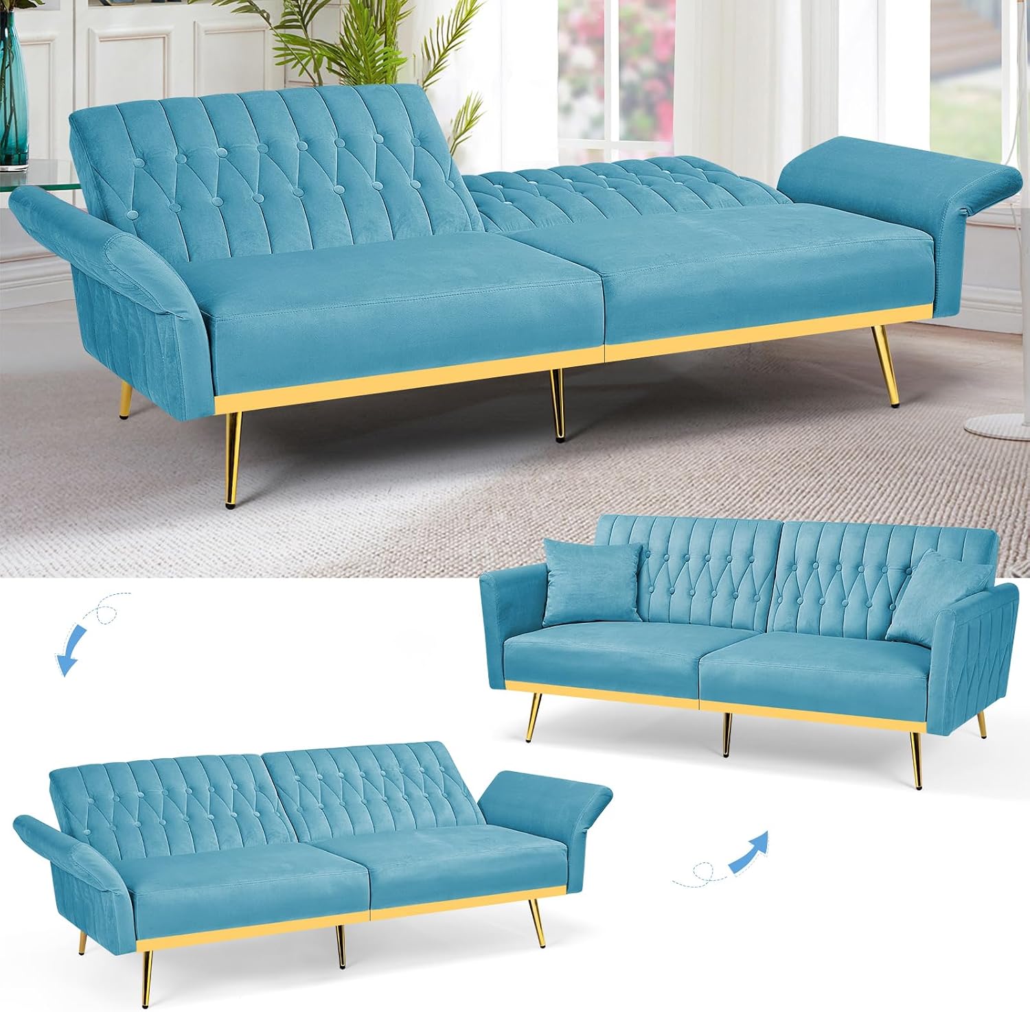 70' Velvet Futon Sofa Bed with 2 Pillows and Adjustable Armrests, Convertible Sleeper Bed W/Adjustable Backrests, Modern Loveseat for Living Room, Bedroom, Baby Blue