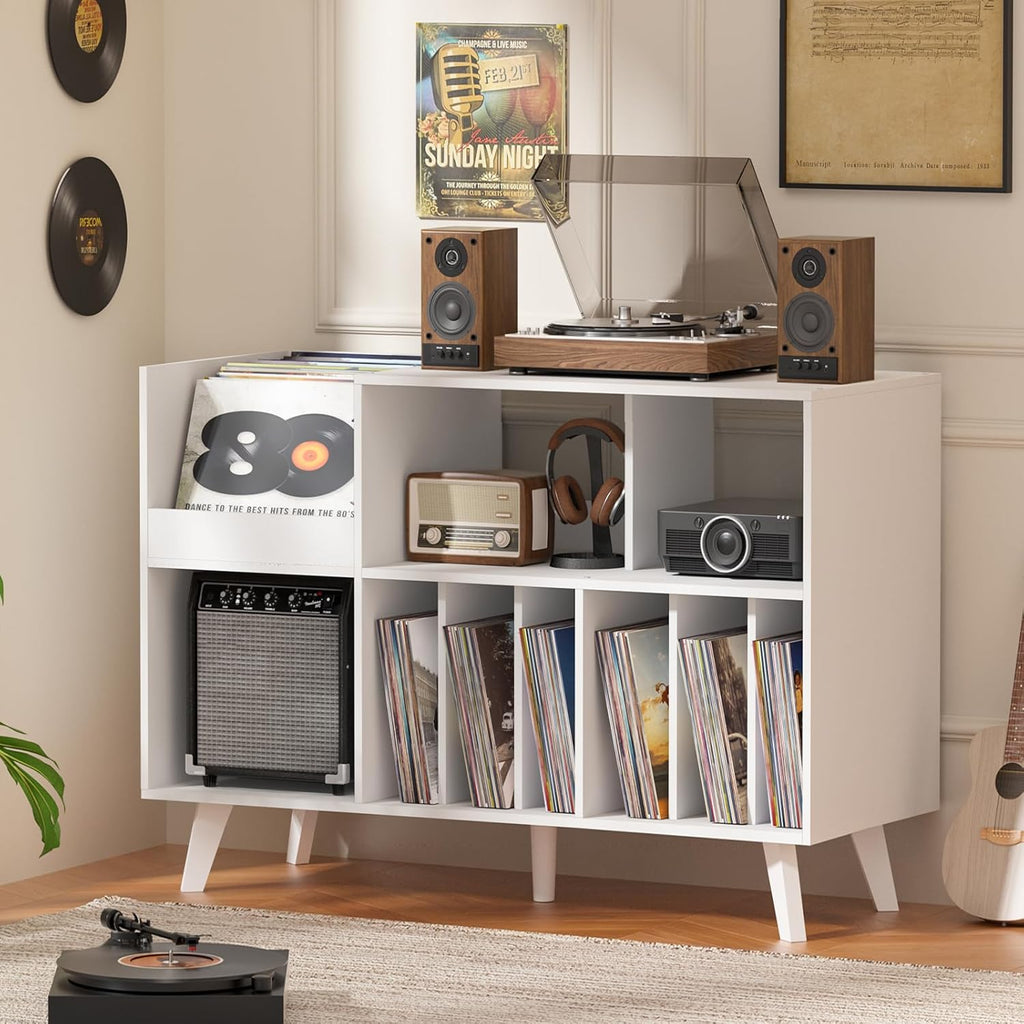 LELELINKY Large Record Player Stand, 48''Turntable Stand with Storage, Vinyl Record Holder with Display Area, Record Player Table Holds Up to 450 Albums, Record Stand for Music Room Living Room