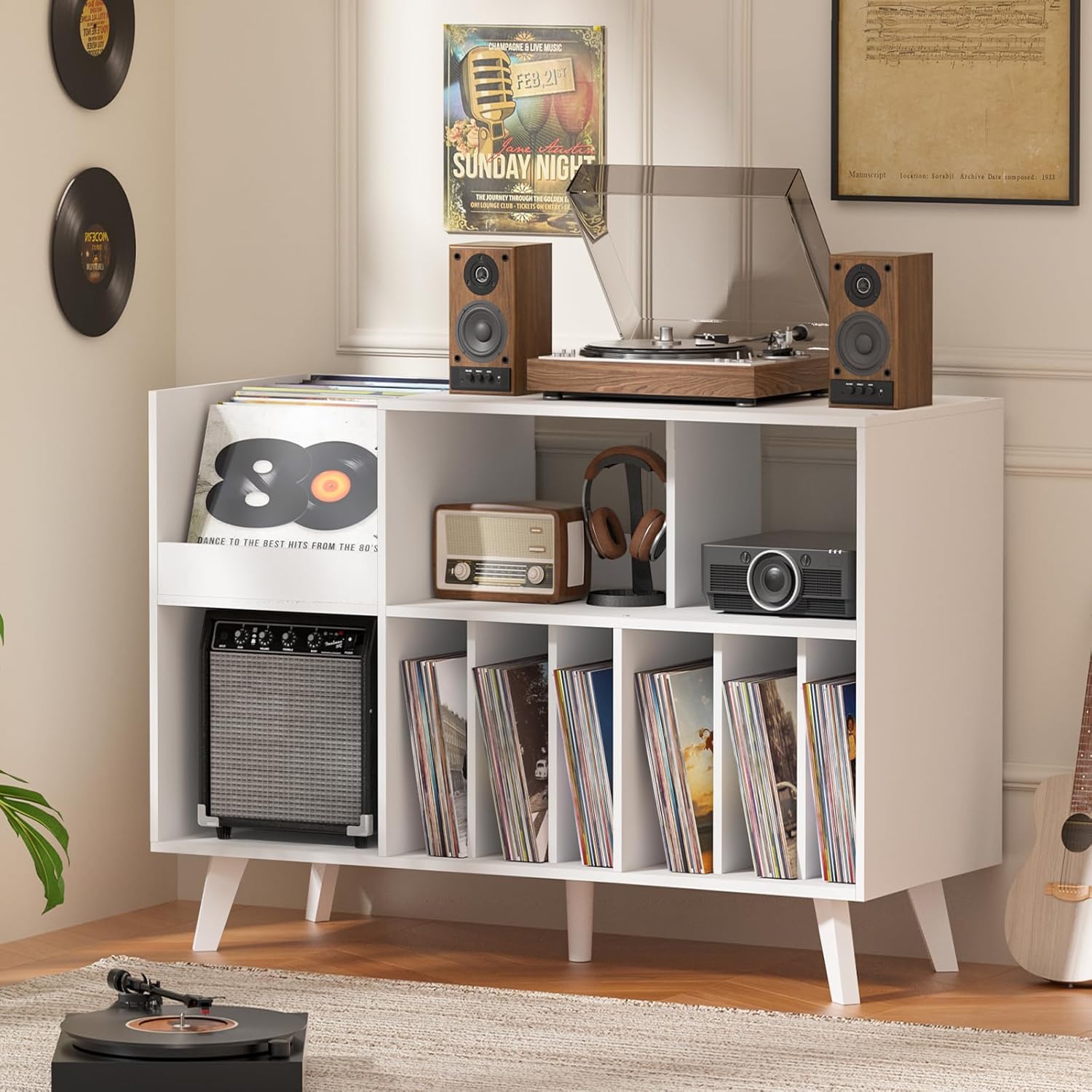 LELELINKY Large Record Player Stand, 48''Turntable Stand with Storage, Vinyl Record Holder with Display Area, Record Player Table Holds Up to 450 Albums, Record Stand for Music Room Living Room