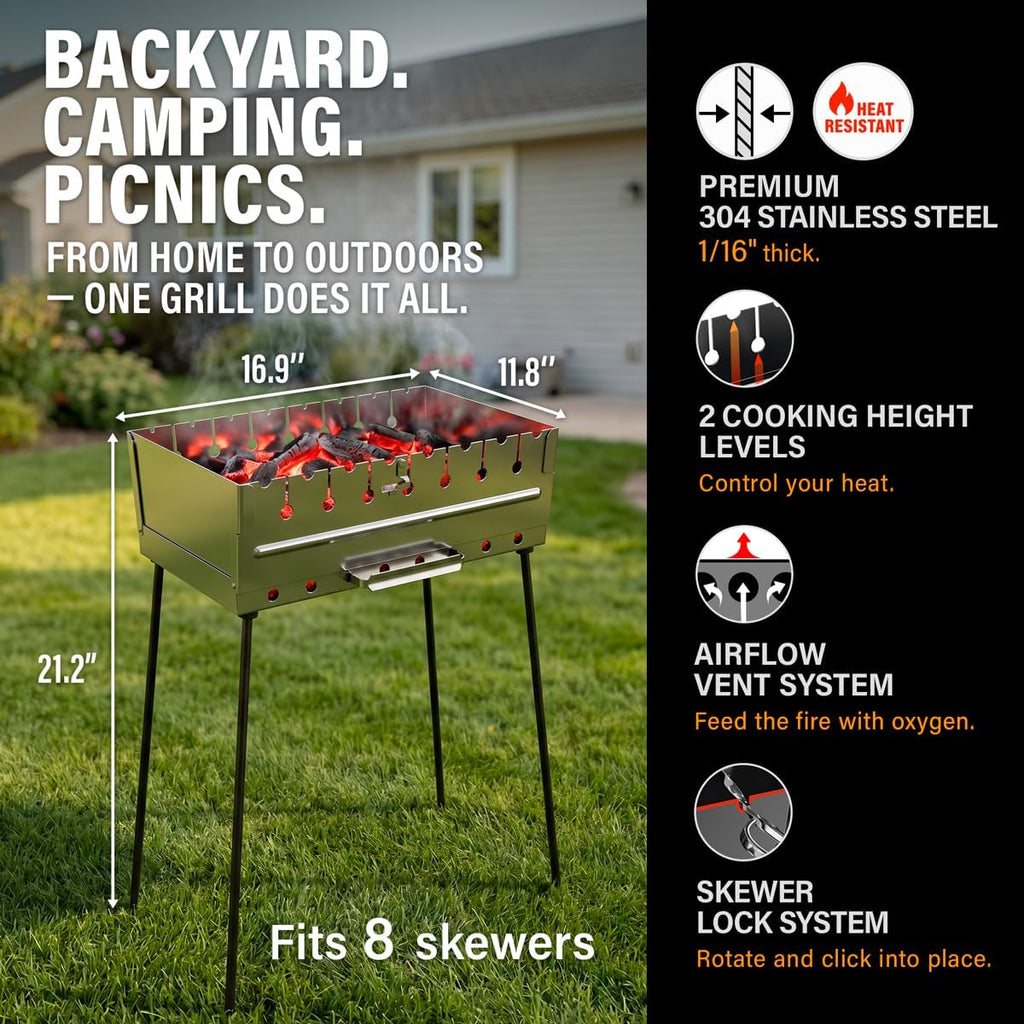 Stainless Steel Charcoal Grill for 8 Skewers – Portable BBQ 16.93'×11.81'×21.26' – Foldable Kabob Mangal – Rustproof Shish Kebab Grill for Outdoor Cooking (Skewers Not Included)