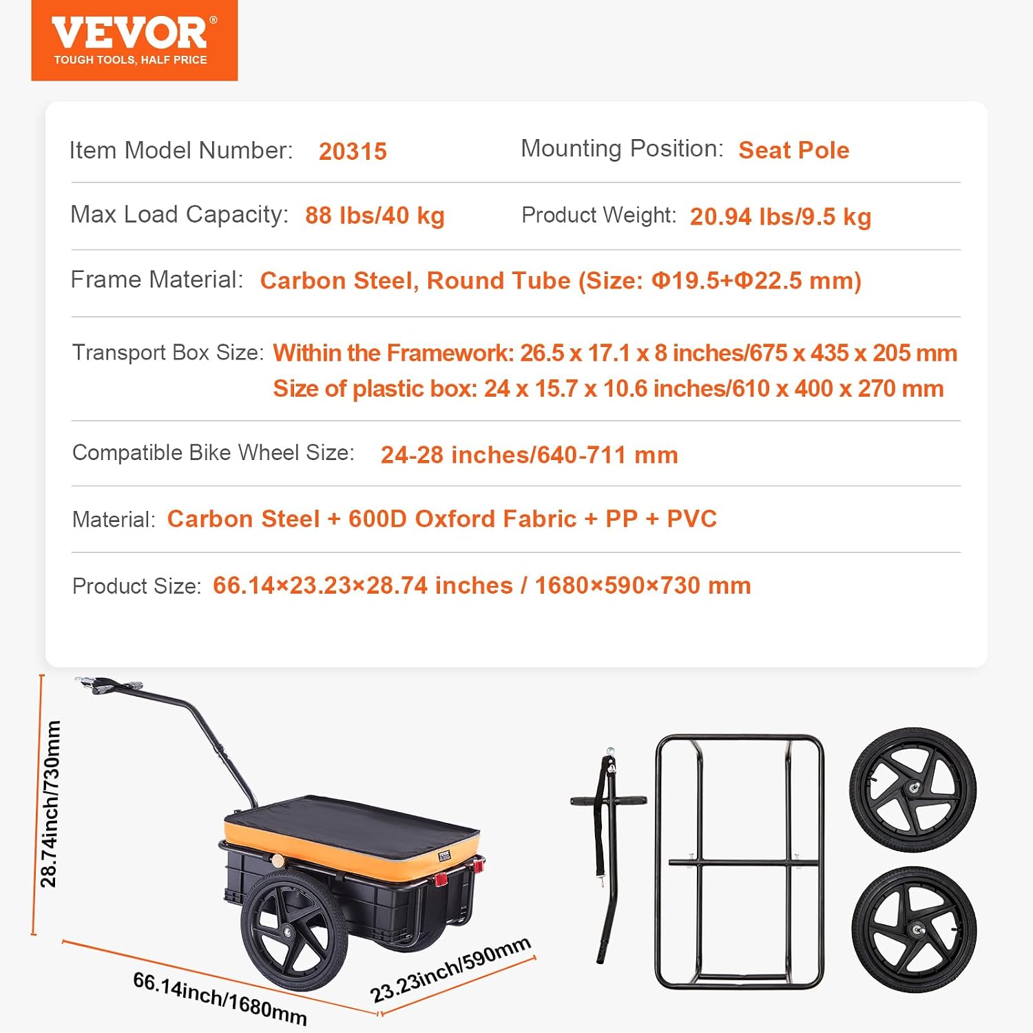VEVOR Bike Cargo Trailer, 88/100/160 lbs Load Capacity, Heavy-Duty Bicycle Wagon Cart, Foldable Compact Storage with Universal Hitch