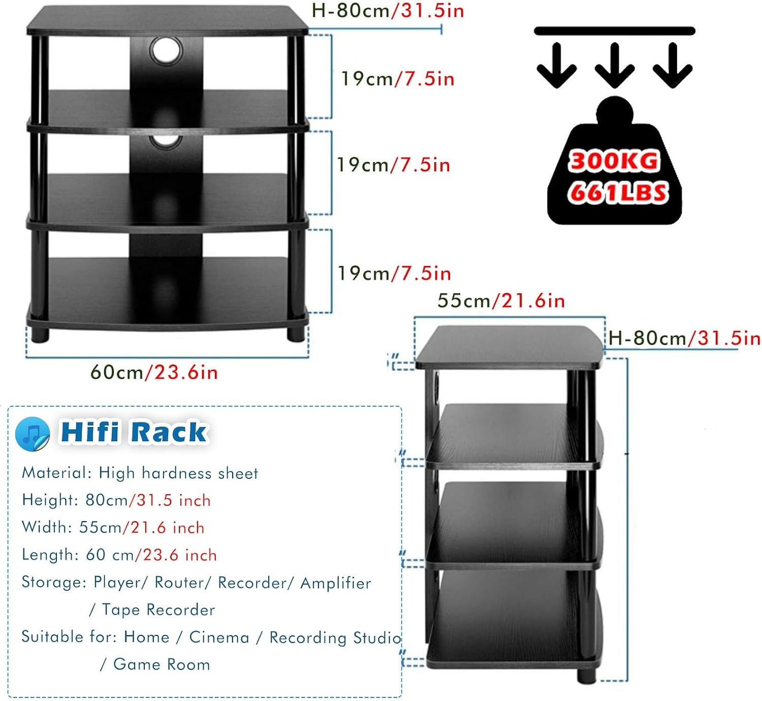 Av Media Stand Corner, 23 31 Inch Height Stereo Components Rack/Cabinet, Industrial Audiovideo Unit for Home, Electronics Equipment Shelf Entertainment Center,4tier