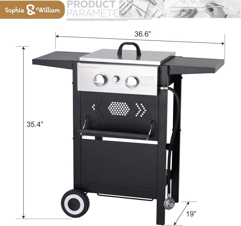 Sophia & William 2-Burner Gas BBQ Grill With Flat Top, Small Outdoor Propane Barbecue Grill with Side Shelves,Lid and Hose & Regulator for Camping, 20,000 BTU,Black