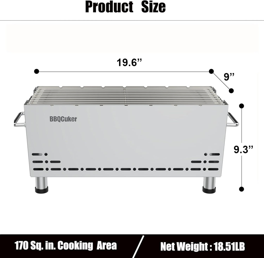 BBQCuker Portable Charcoal Grill,Heavy-Duty Stainless Steel Small BBQ Grill with Double-Layer Insulation Design,170 Sq. In. cooking Area,Tabletop Grill with Travel Bag for Outdoor Camping and Picnic