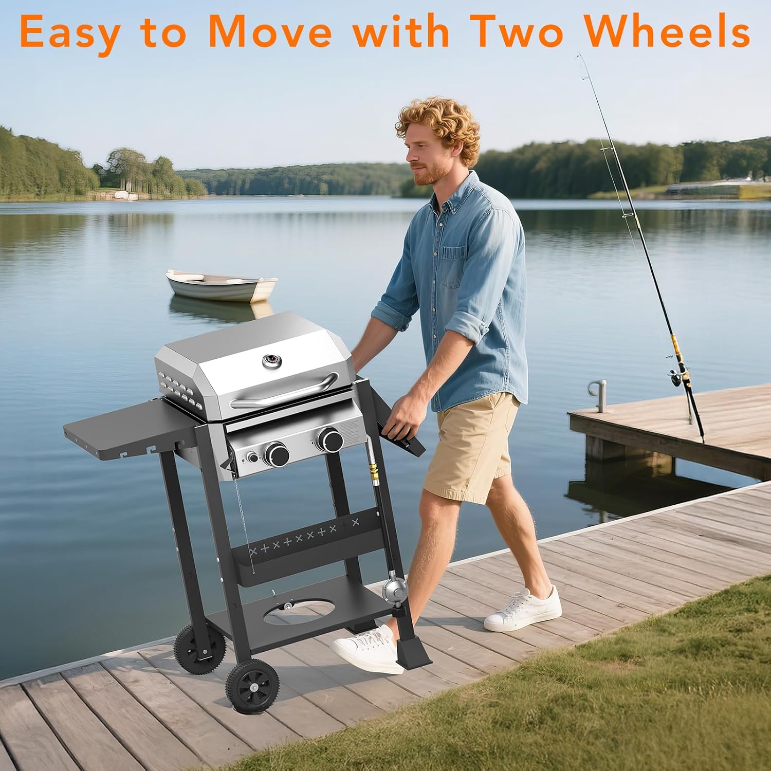 Electactic Propane Gas BBQ Grill 2-Burner Barbecue Grills with Cast Iron Frying Pan and Grates Combo, 16000 BTU Output Stainless Steel Grill for Outdoor Cooking, Patio, Backyard Party