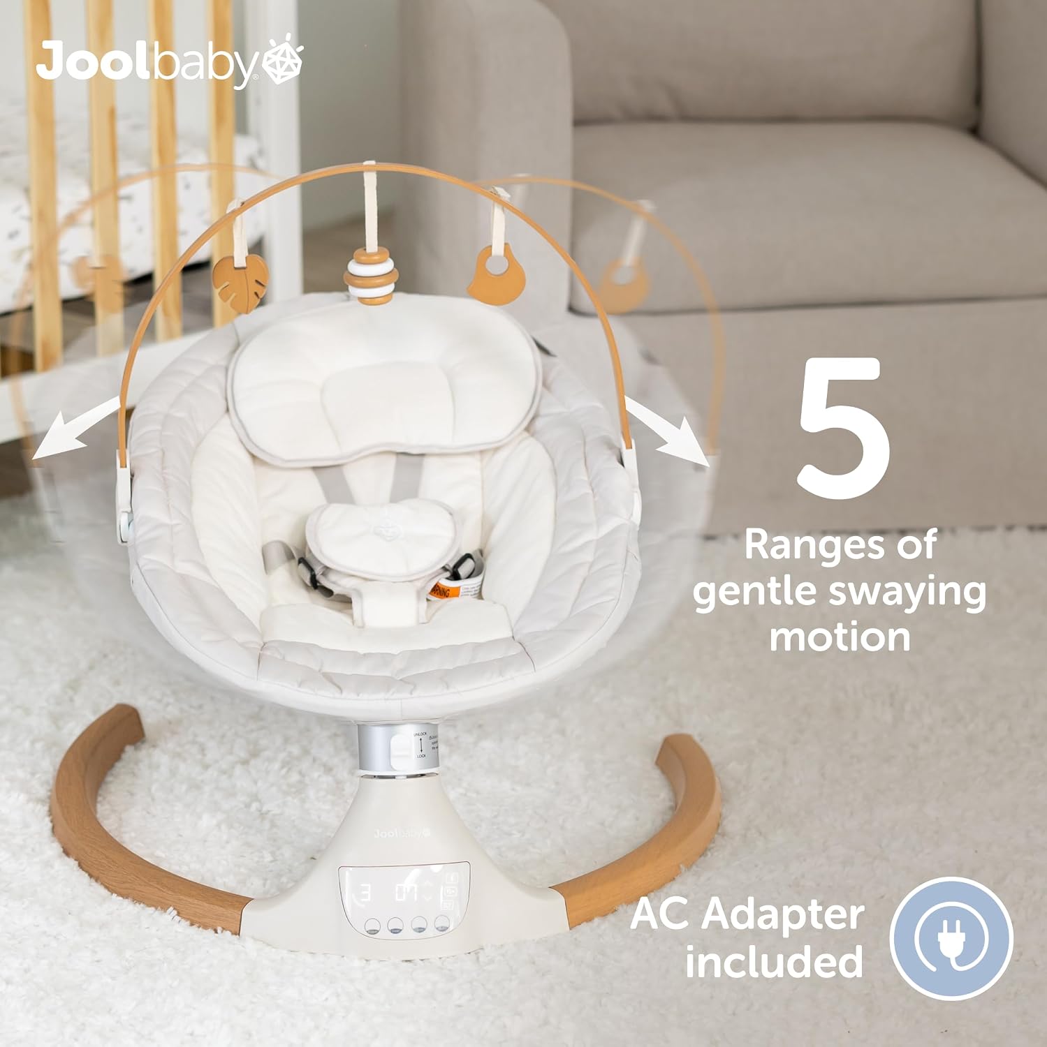 Jool Baby Nova Nature Baby Swing for Newborns with Natural Wood Toys, Electric Motorized Infant Swing, Bluetooth Music, Remote (Oatmeal)