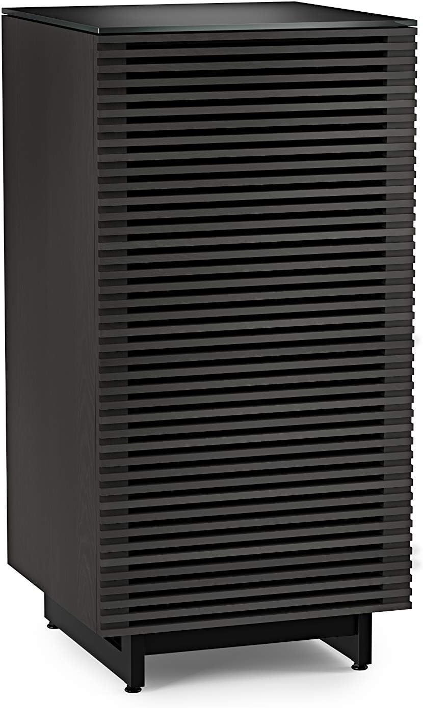 BDI Furniture Corridor 8172-22'' Audio Cabinet with Flow-Through Ventilation, Cable Management, Adjustable Shelves, Louvered Doors, Satin-Etched Tempered Glass Top, Charcoal Stained Ash
