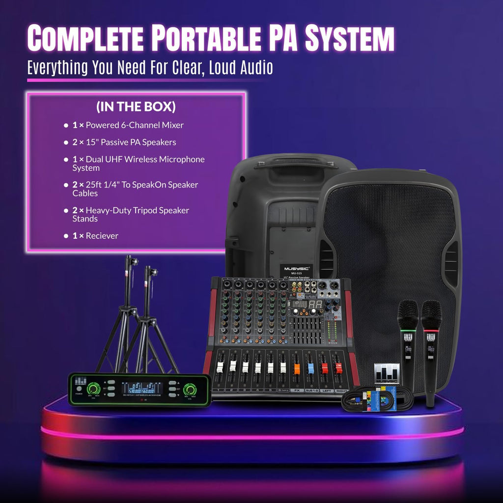 MUSYSIC Portable PA System with Wireless UHF Microphone, 15' 2000W Passive PA Speakers, Party, DJ Speakers, 6 Channel Audio Mixer, 1200W Speaker with Wireless Microphone, Complete Kit w/Stands