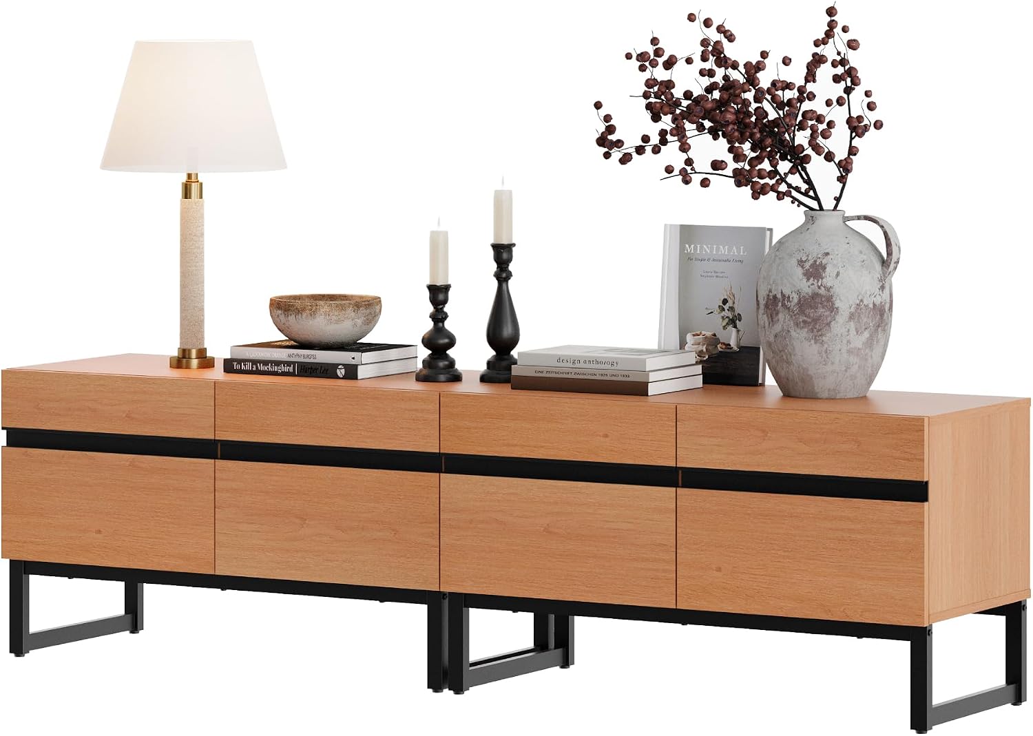 WAMPAT Modern TV Stand for 50-75 Inch TVs, Wood Entertainment Center with Metal Base Storage Cabinets, Media TV Console for Living Room, Mocha, 2Pcs