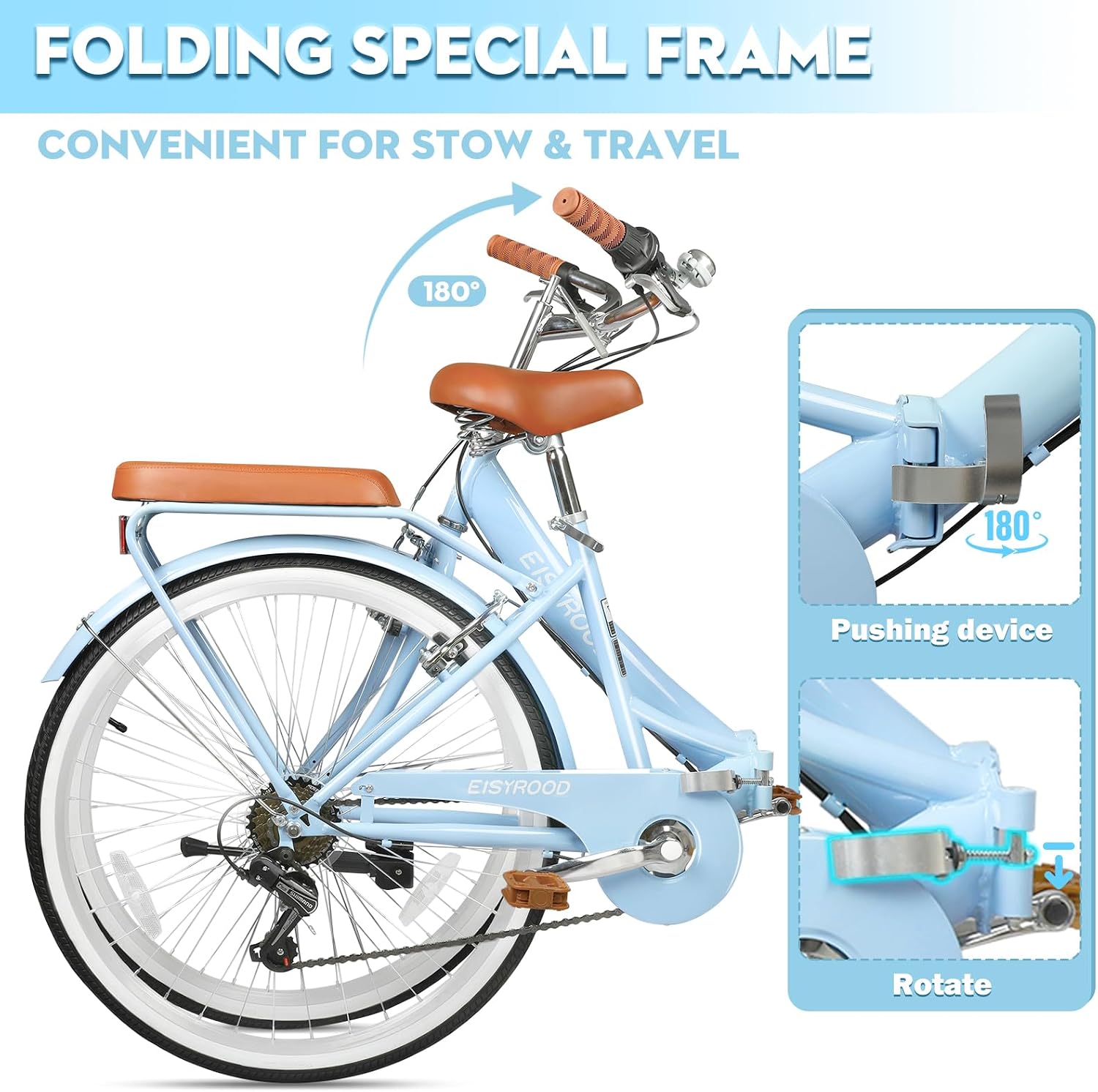 26 Inch Folding Beach Cruiser Bike for Women, 7-Speed Ladies Bike with Basket & Rack, Perfect for City Commuting's Bicycle, Ideal for Women and Adults