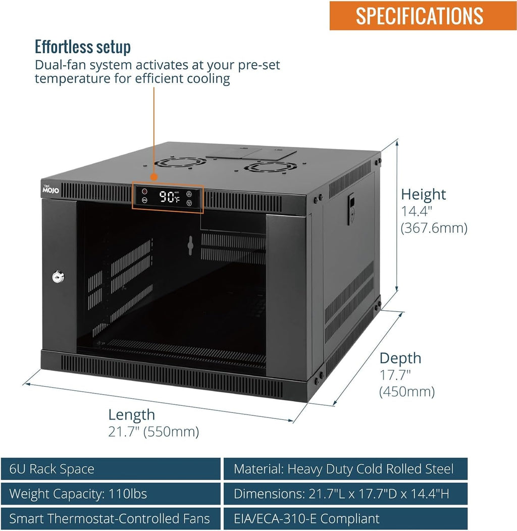 Tecmojo 6U Wall Mount Rack with Thermostat, 17.7inch Depth Enclosed Server Cabinet with 2 Cooling Fans,Lockable Door & Hardware,6U Rack for 19inch Equipments,Glass Door