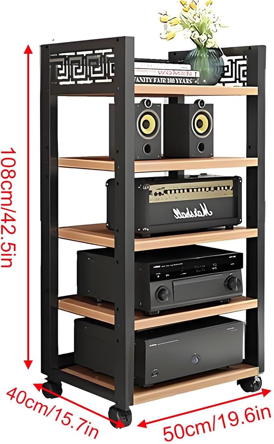 Modern AV Media Stand - Open Stereo Rack Storage Cabinet, Corner Shelf for Audio-Video Equipment, Ideal for Home, Office, Theater, or Recording Room (Light Walnut, 42.5in)