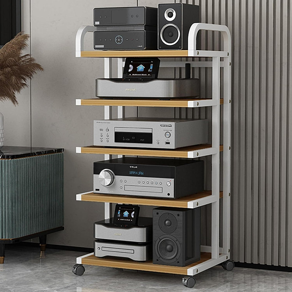 Multimedia Audio Rack with Wheels, 5-Tier Stereo Component Storage Shelf, Carbon Steel Support for Living Room & Bedroom, H106CM/42Inch, Perfect for Home Theater Setup