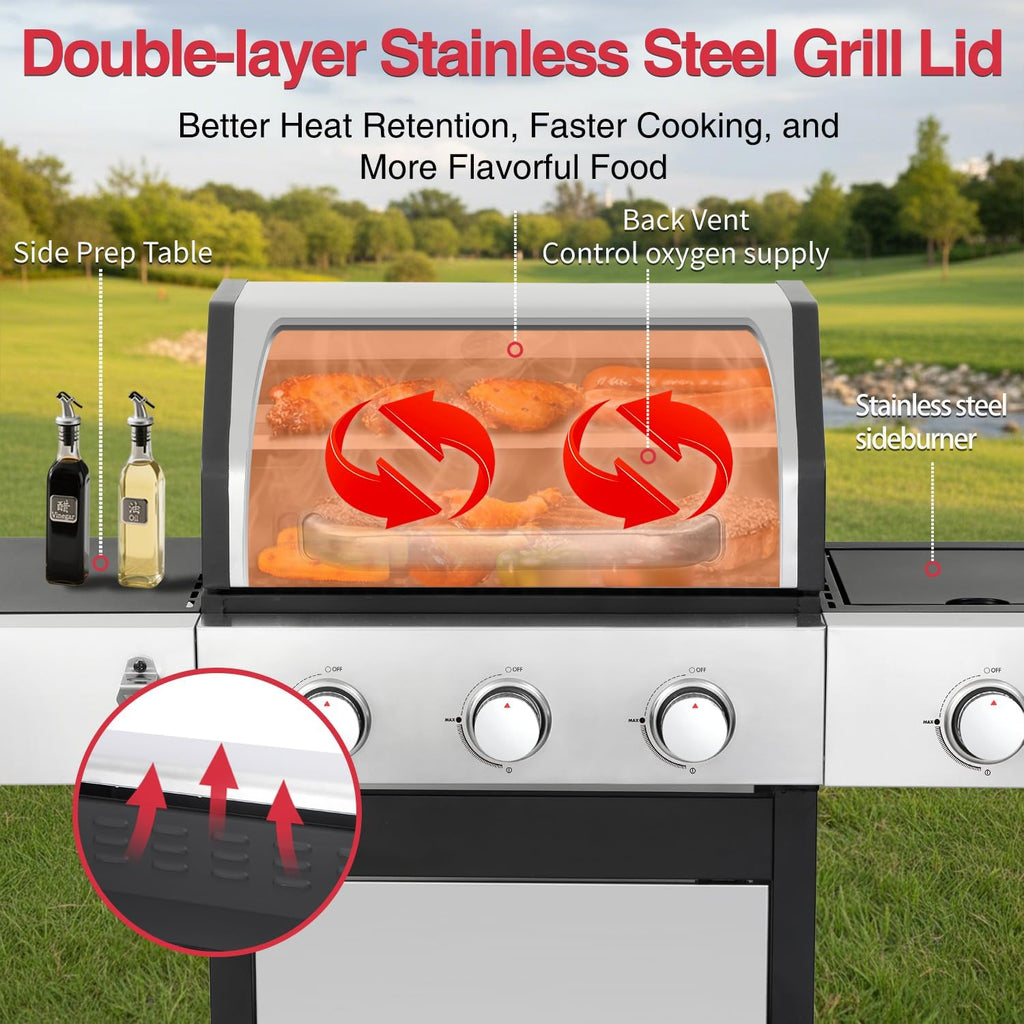 39,000 BTU 3+1 Burner Propane Gas Grill with Cast Iron Grids & Side Burner, Double-Wall Stainless Steel Lid – Even Heat, Easy Clean, Perfect for Backyard BBQ