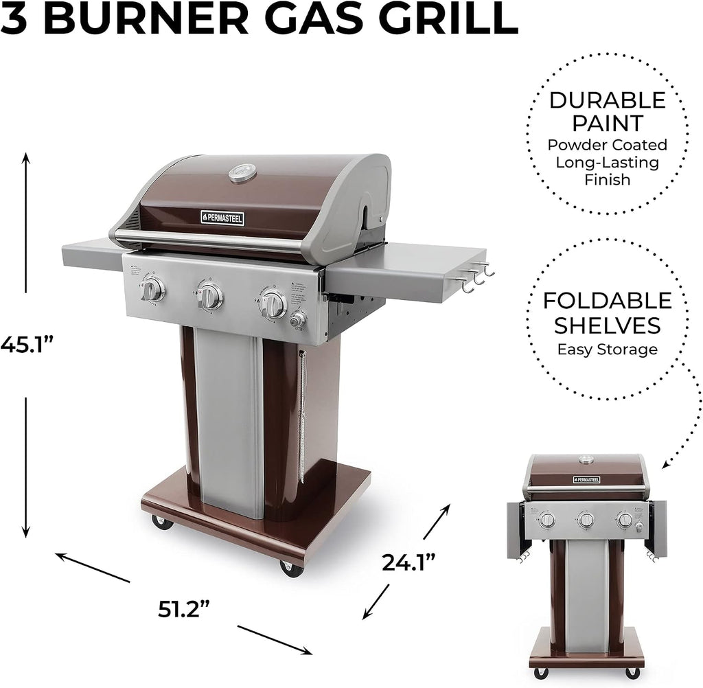 Permasteel 3-Burner Propane Gas Grill, 30,000 BTUs BBQ Grill with Cast Iron Grates, Foldable Side Tables & Tool Hooks, Outdoor Grill, Mocha