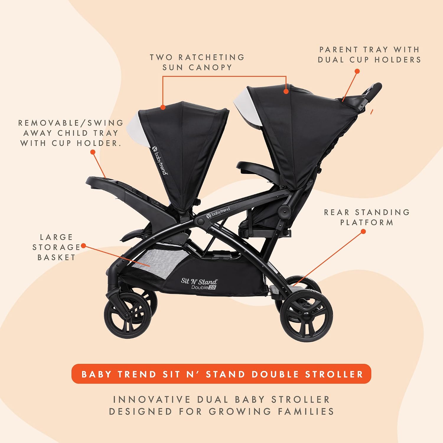 Baby Trend Sit N' Stand Tandem Double Stroller 2.0 DLX and 5 Point Safety Harness, Shaded Canopy, Storage Compartment, and 2 Cup Holders, Modern Khaki