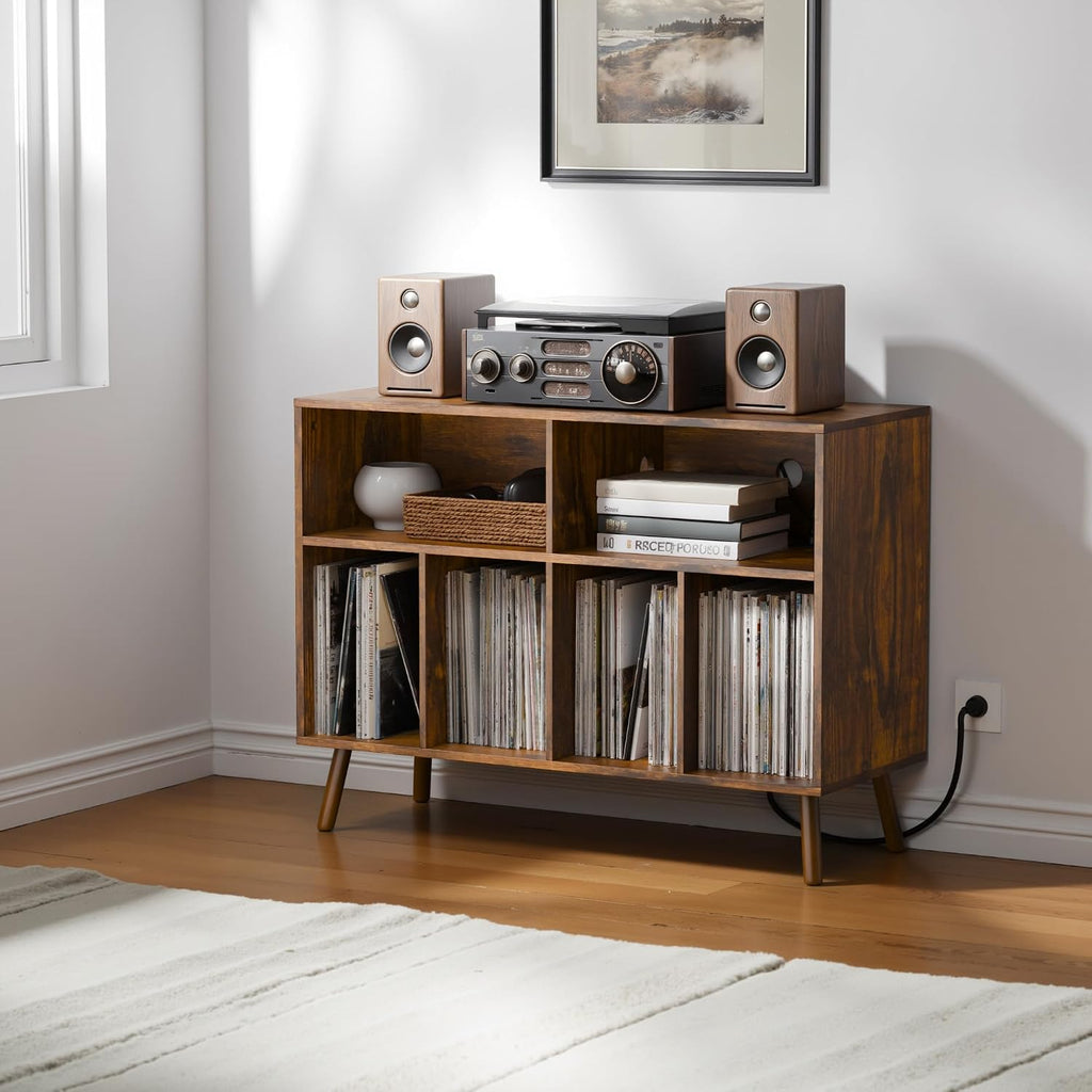 Cozy Castle Record Player Stand with Vinyl Storage Cabinet, Wood Turntable Table Open Shelf Holder Up to 350 Albums Cube Storage Organizer for Living Room, Office, Rustic Brown