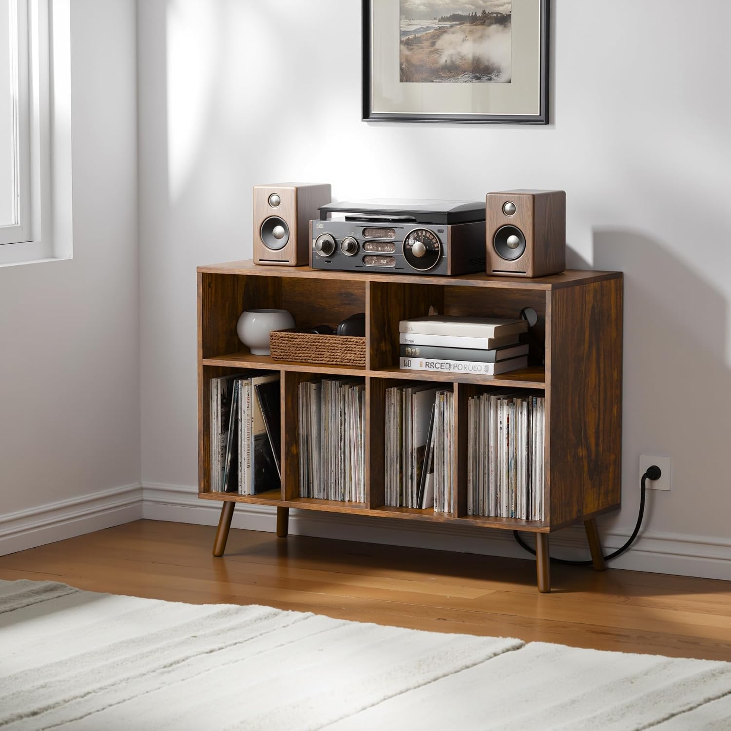Cozy Castle Record Player Stand with Vinyl Storage Cabinet, Wood Turntable Table Open Shelf Holder Up to 350 Albums Cube Storage Organizer for Living Room, Office, Rustic Brown