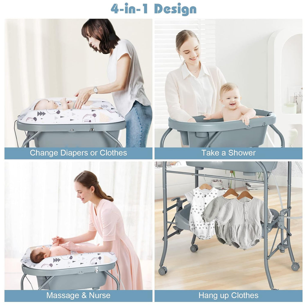 HONEY JOY 2-in-1 Baby Bathtub & Changing Table, Foldable Infant Diaper Changing Station with Wheels, Storage Tray, Waterproof Pad, Portable Newborn Nursery Organizer Bath Stand for Boys Girls (Gray)