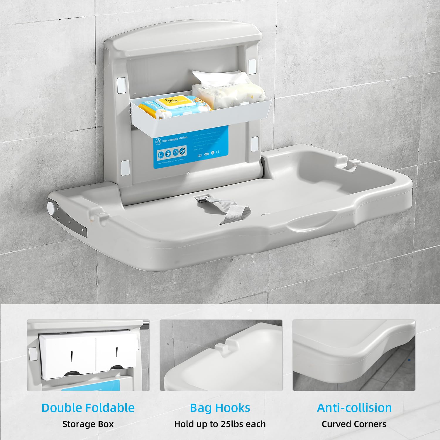 Horizontal Baby Changing Station, Wall Mounted HDPE Fold-Down Diaper Changing Table for Commercial Bathrooms, Daycare, Restaurants & Hotels, Safety Strap, 2 Liner Dispensers, White Granite