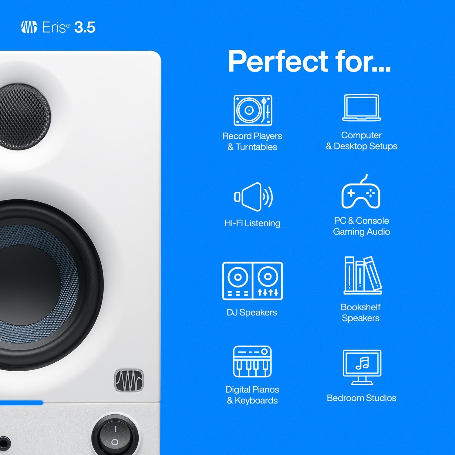 PreSonus Eris 3.5 Studio Monitors (White), Pair — 3.5' Inch Powered Bookshelf Speakers, Stereo, Desktop Computer, Near Field Music Production, Audio Mixing Recording