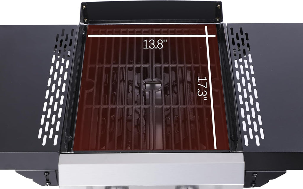 2-Burner Propane Gas BBQ Grill, Pizza Box, 24600BTU Output With Wire Enamel Cooking Grids For Outdoor Barbecue, Foldable Side Table, Hanging Basket, Stainless Steel