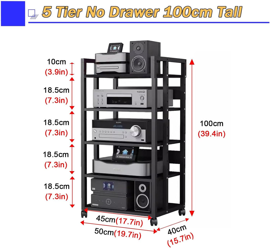 5/4/3/2-Tier AV Media Stand Vertical Storage Cabinet, Office Home Classroom Stereo Rack System Cabinet Adjustable, Mobile Audio Equipment Rack, Portable Record Player Amplifiers Shelf(5 Tier 100cm Tal