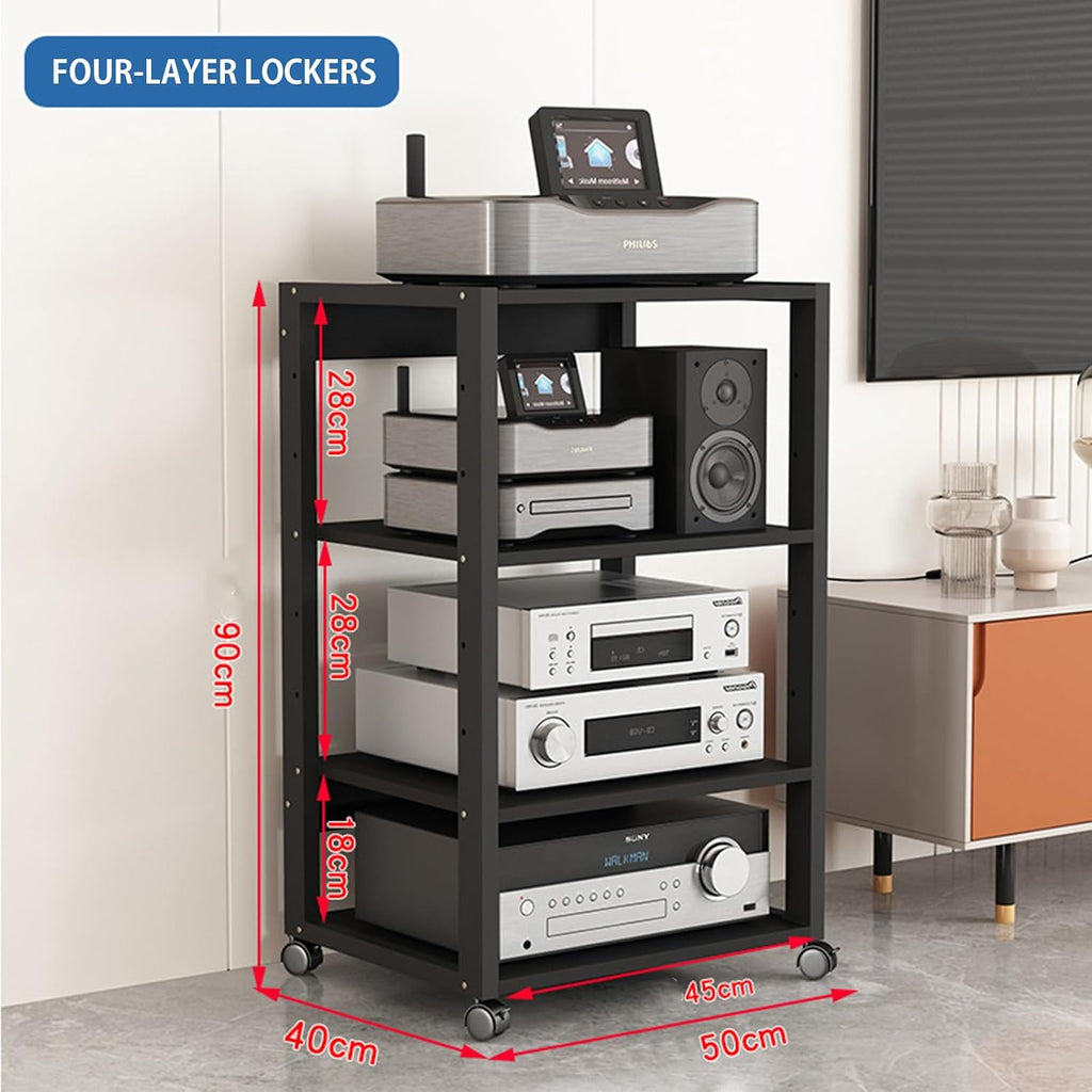 record standAV Media Stand 5/6/7/8 Tier Movable Record Player DVD CD Audio Rack Tower Holder, Adjustable Media Storage Cabinet, Equipment Console Shelf for Home Office Theater,4th floor