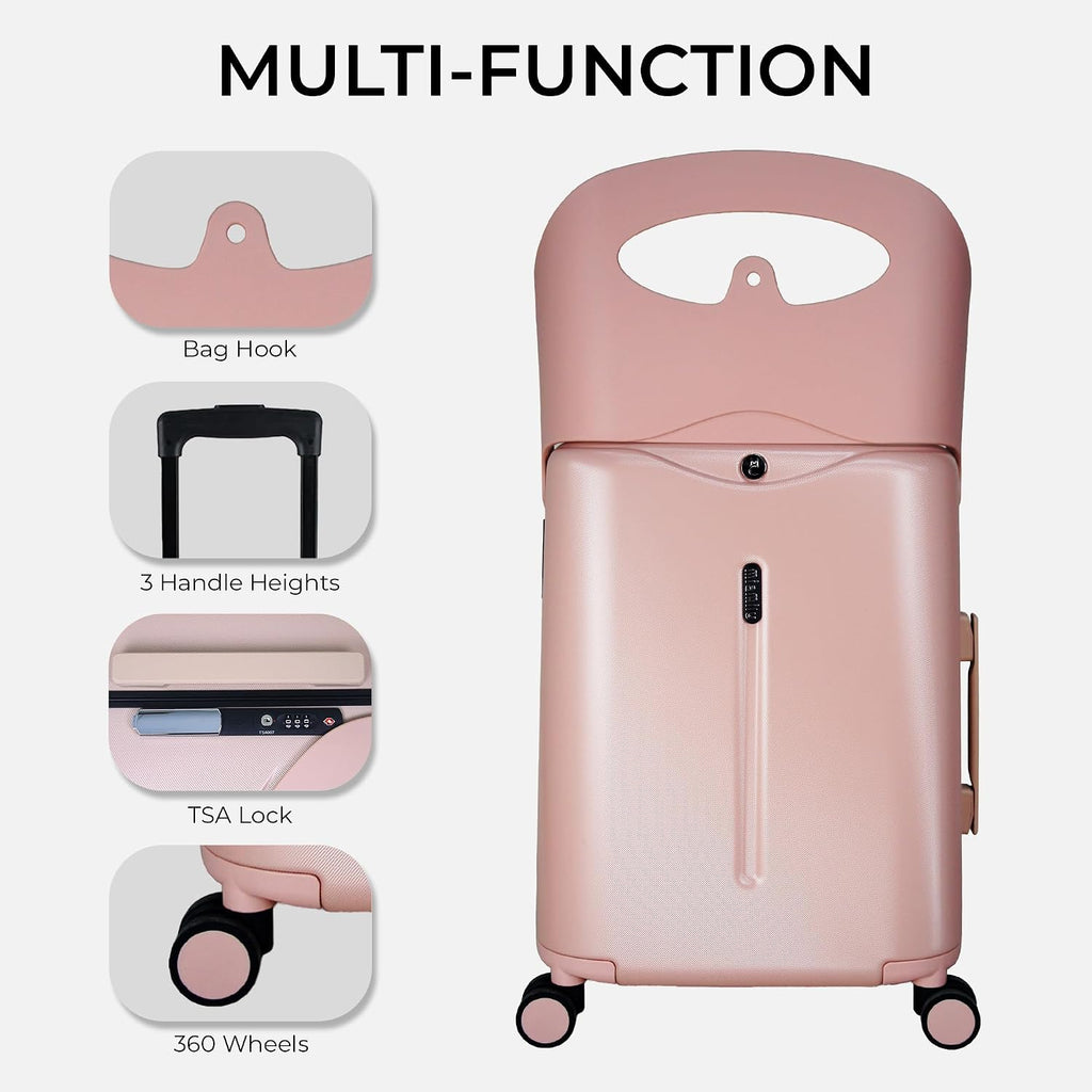 MiaMily 4-Wheel Carry-On Luggage with Seat – Ride-On Suitcase for Easy Family Travel, Seat Belt, 43L Hard Shell, Waterproof Pocket, Adjustable Handle, Dusty Pink