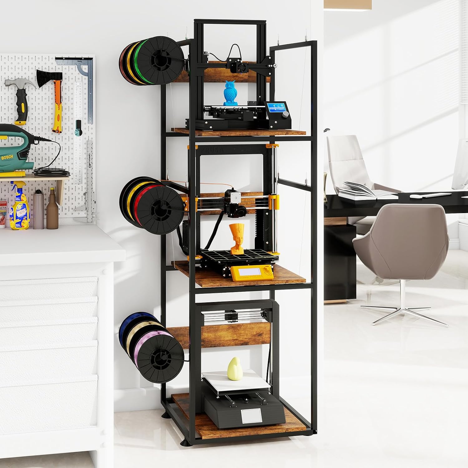 PUNCIA 3-Tier 3D Printer Stand with Filament Storage, Heavy Duty Workbench Rack – Compatible with FDM/SLA, Studio, Workshop, Office Use, Space-Saving Organizer for Multiple Filament Types