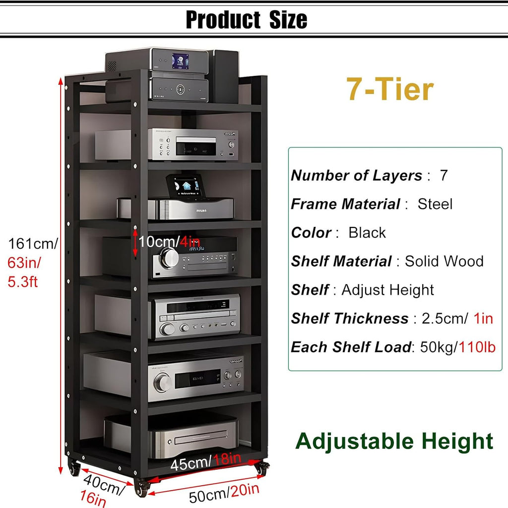 SRNSAEB Audio Equipment Rack Cabinet Media Shelf, Audio Video Media Stand Cabinet with 4 Shelves Height Adjustable Modern AV Cabinet with Brake Wheel, 160cm/ 63inch Height(7-Tier)