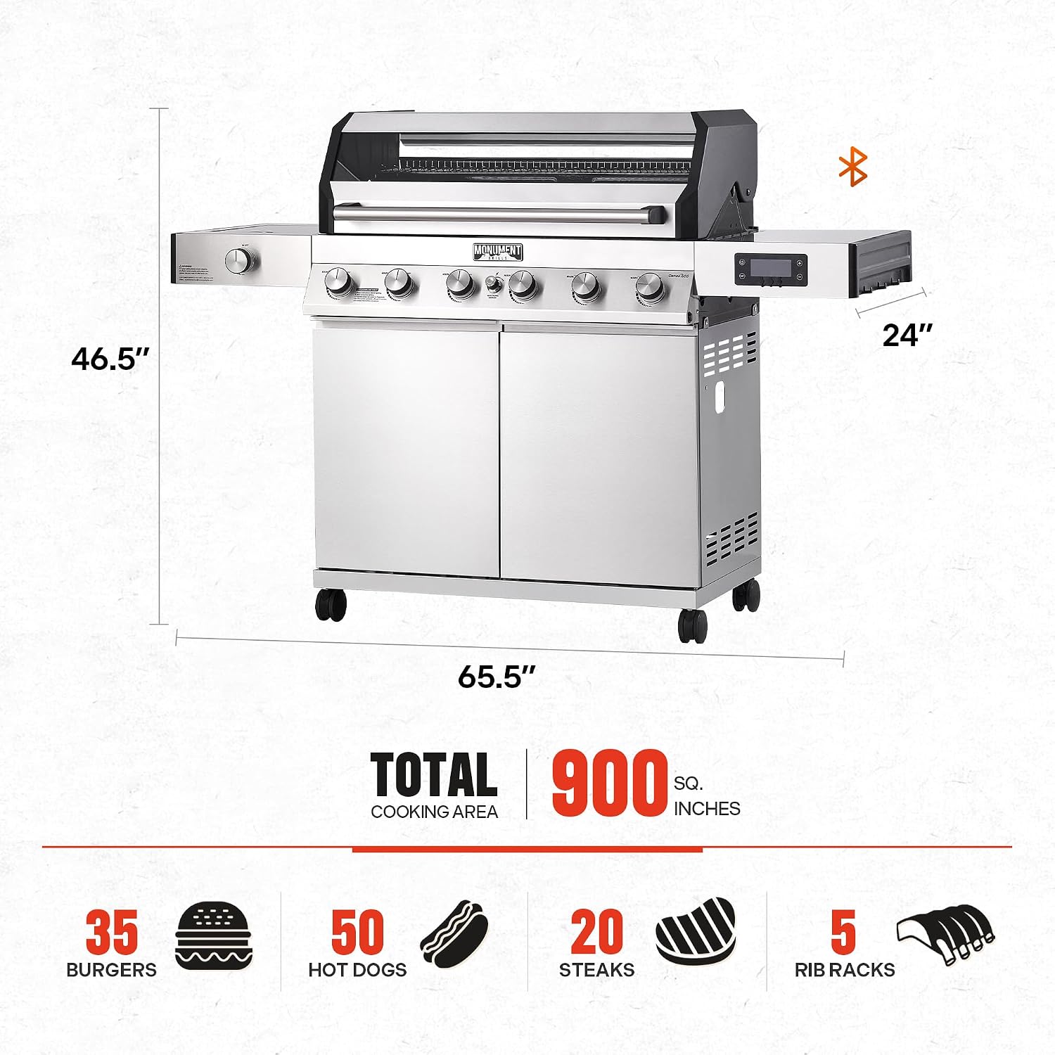 Monument Grills Denali Series, 6+1 Convertible Natural Gas Smart bbq Grill, 6 Burners & 1 Side Burner Stainless Steel Denali 605 with Smart Technology, Knob Controls (Without Conversion Kit)
