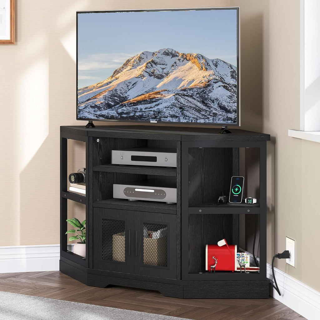 YITAHOME Corner TV Stand for TVs up to 50 Inch with Power Outlet, Modern Farmhouse Entertainment Center, Wood TV Media Console with Storage Cabinets Shelves for Living Room, 47' Black