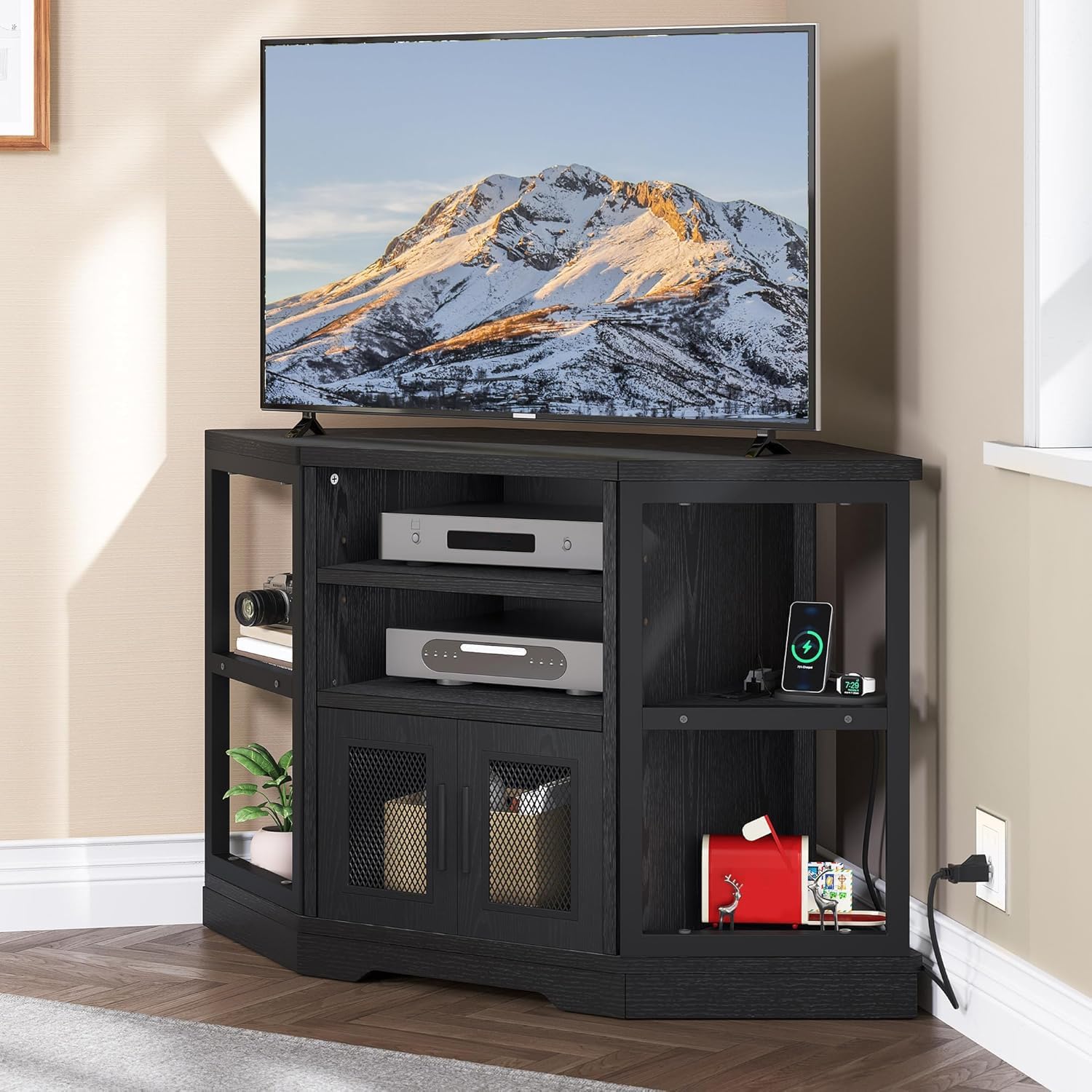 YITAHOME Corner TV Stand for TVs up to 50 Inch with Power Outlet, Modern Farmhouse Entertainment Center, Wood TV Media Console with Storage Cabinets Shelves for Living Room, 47' Black