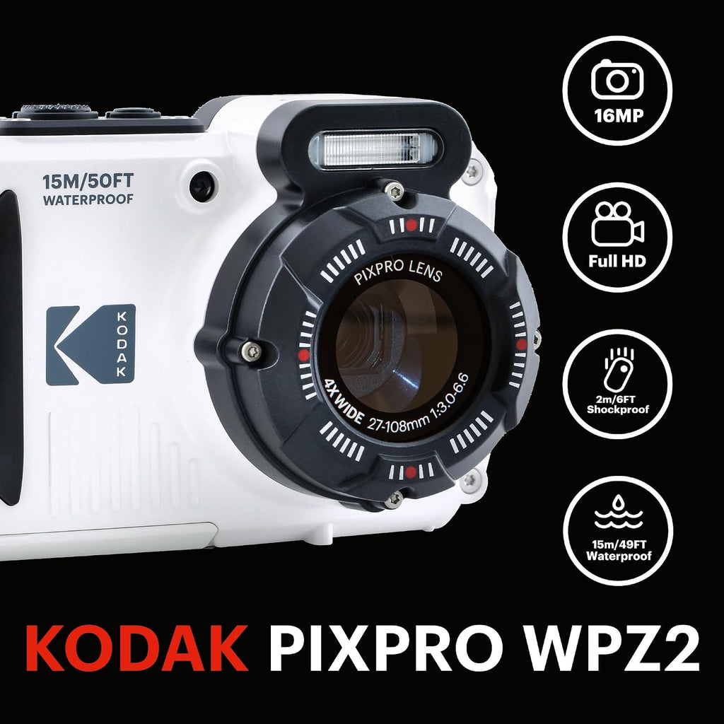 Kodak Pixpro WPZ2 - Compact Digital Camera 16M Pixels, Waterproof to 15m, Shockproof, Video 720p, LCD Screen 2.7 - Li-ion Battery, White