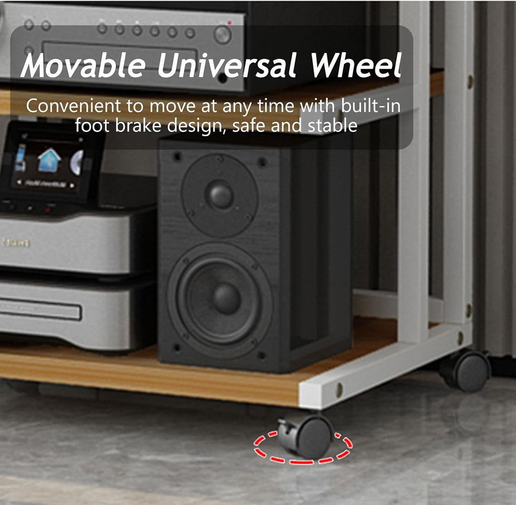 3/4/5-Tier Adjustable Open AV Media Stand, Heavy Duty Audio Equipment Shelf with Wheels, Movable Audio Rack for Stereo, Speakers & Home Theater Components(Black