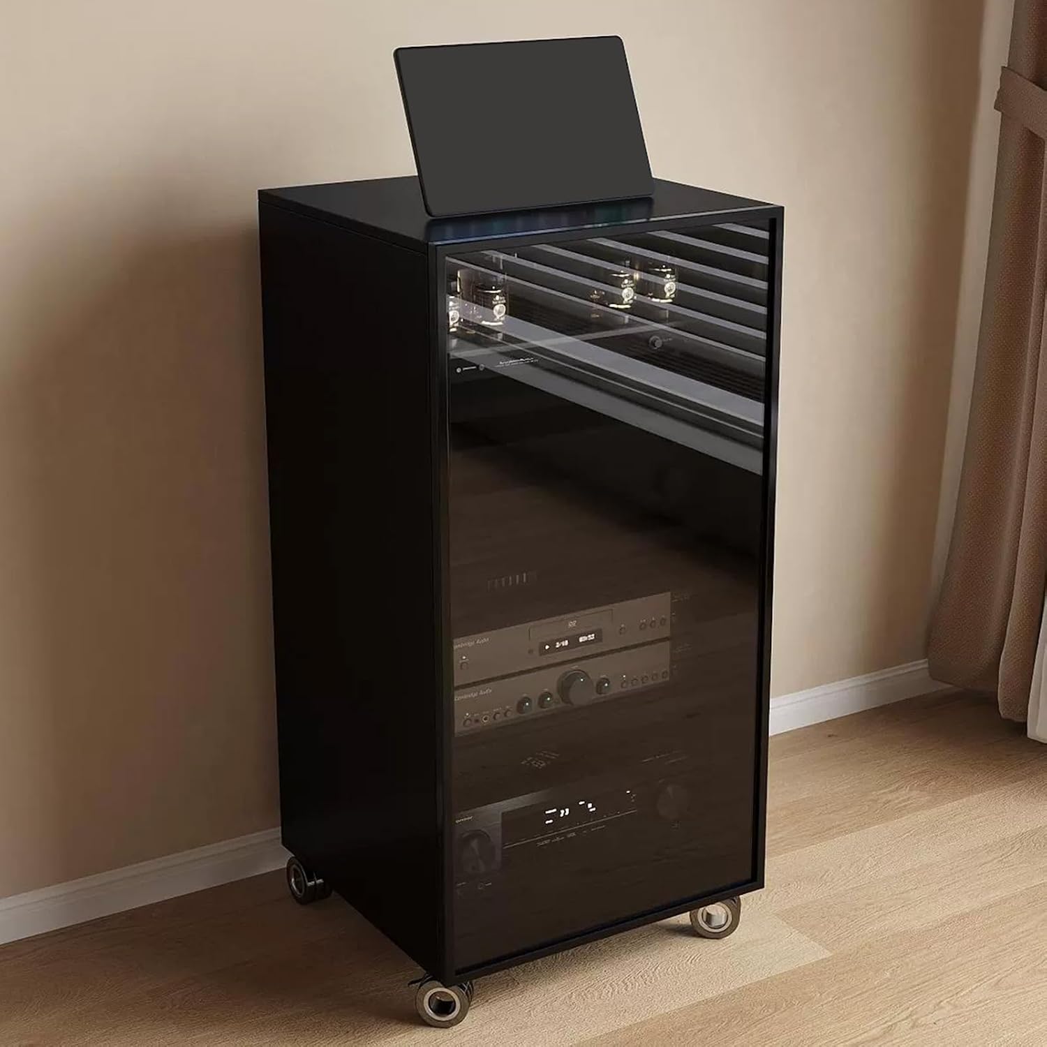 Modern Black Media Storage Cabinet with Glass Door and Cable Holes Adjustable Shelves Movable Stereo Stand for Tv and Audio Equipment 55X45X100Cm 4 Tier,Black4 Tier 55X45X100Cm