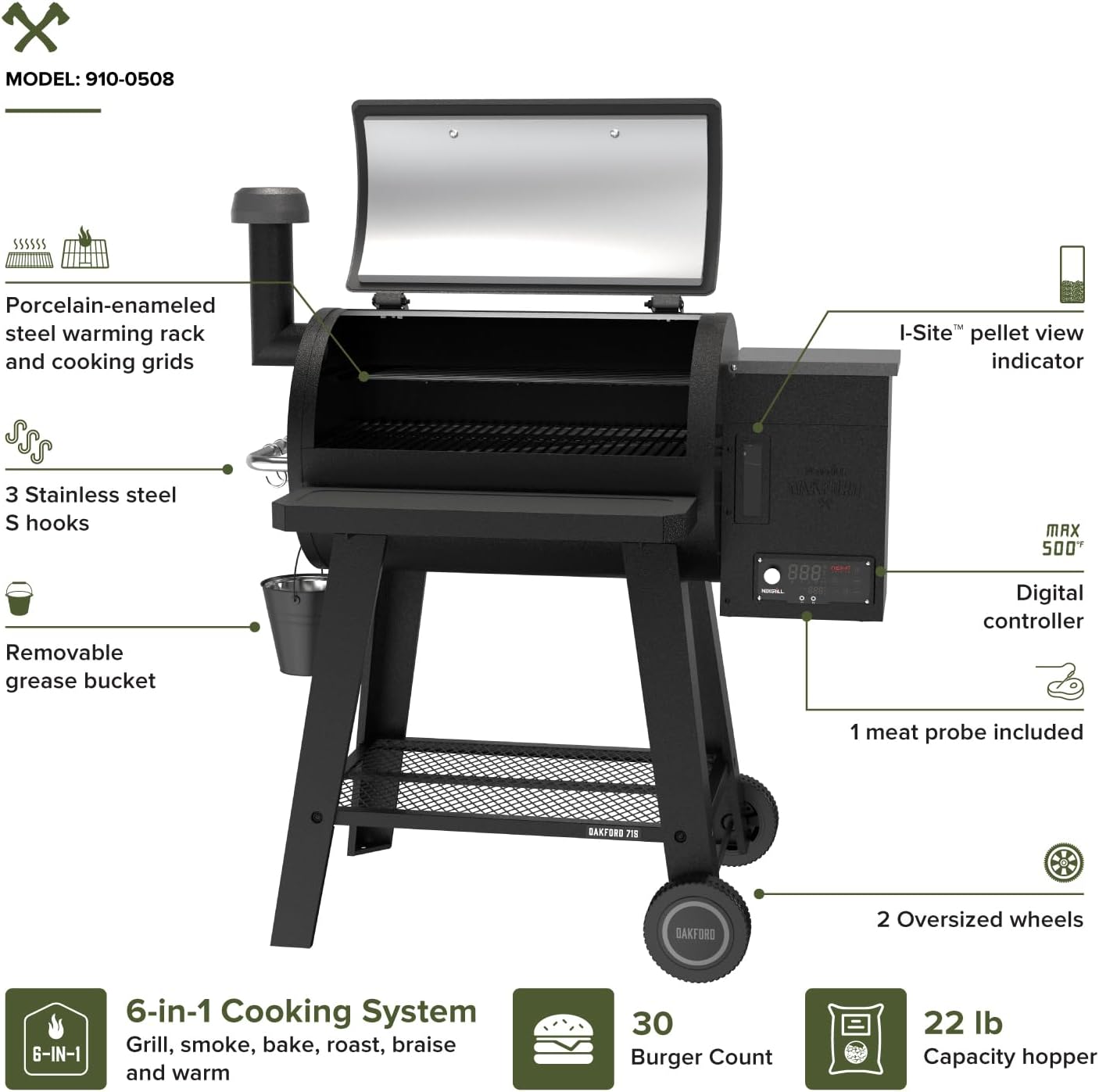 Oakford 715 Wood Pellet Grill with 715 SQ In Cooking Area, Steel Wire Grates, I-Site View Indicator, Heavy Duty Pellet Smoker Grill with Bluetooth Connectivity - 910-0508