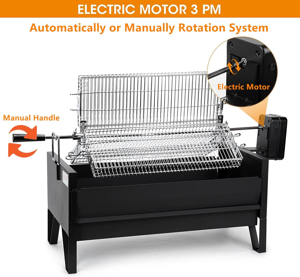 ONLYFIRE GRILLS 2 IN 1 Charcoal Grill Rotisserie Kit with 3 Stainless Steel Rotating Baskets and 24 In Grill Grate, Auto Swivel BBQ Roasting Machine for Outdoor Patio Backyard Barbecue, GS304