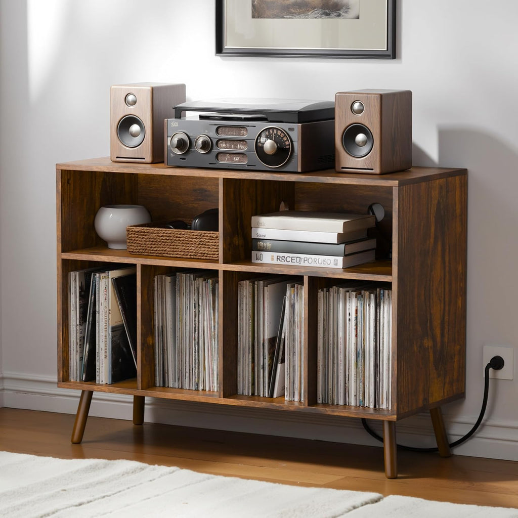 Cozy Castle Record Player Stand with Vinyl Storage Cabinet, Wood Turntable Table Open Shelf Holder Up to 350 Albums Cube Storage Organizer for Living Room, Office, Rustic Brown