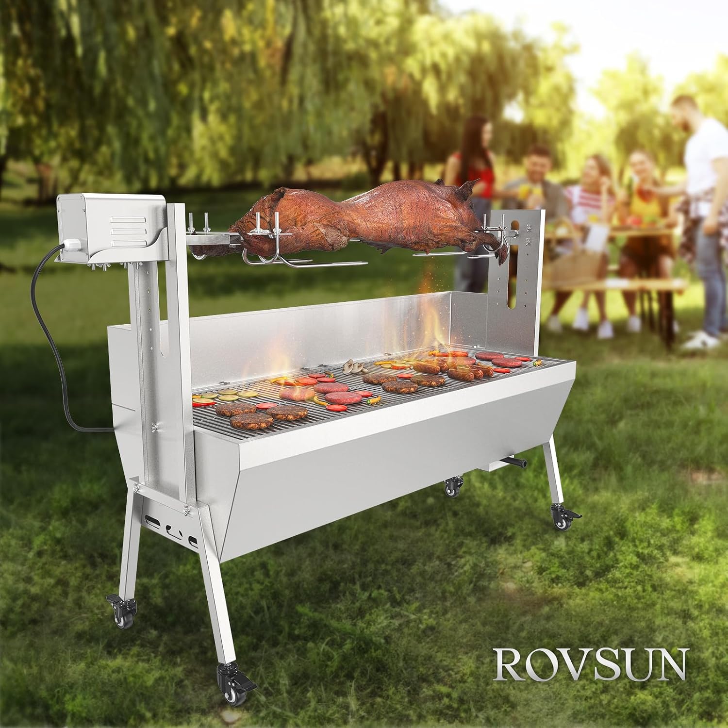 ROVSUN Rotisserie Grill with Windscreen, 46 Inch 176 Lbs Capacity, BBQ Outdoor Pig Lamb Goat Charcoal Spit Roaster, Stainless Steel Rotisserie Grill for Camping Barbecue Party