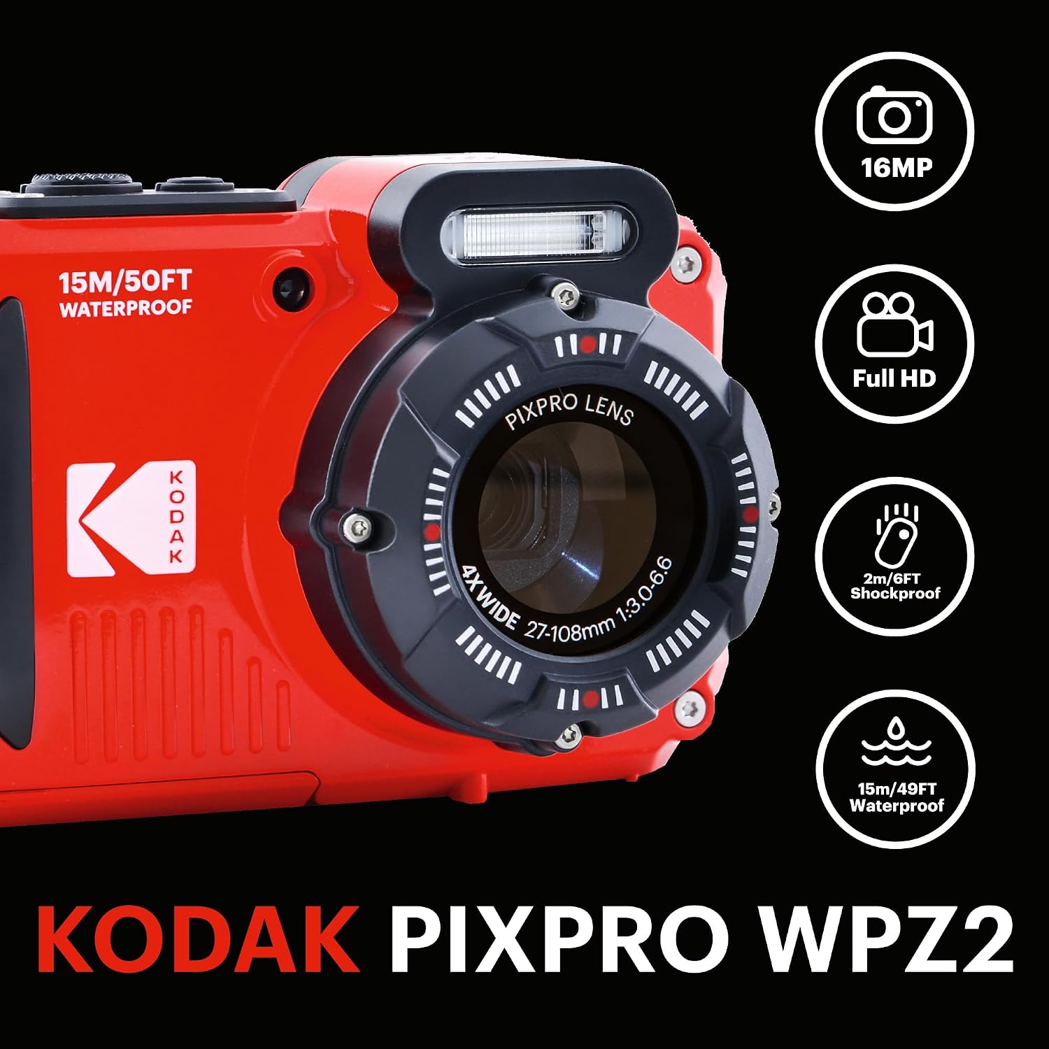 KODAK PIXPRO WPZ2 Waterproof Digital Camera, 16MP with 4x Optical Zoom, Shockproof, Dustproof, 1080p Video, Wi-Fi, Red