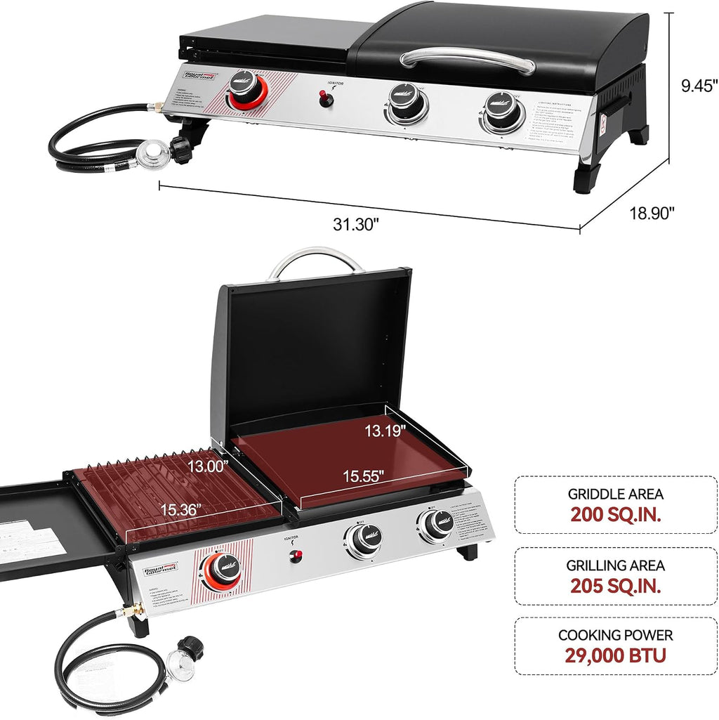 Royal Gourmet PD1305H 3 Burner Propane Gas Grill and Griddle Combo with Lid, 3-in-1 Grill Griddle Combo with 29,000 BTUs Output for Outdoor Cooking, 364 Sq. In. Cooking Area, Silver & Black