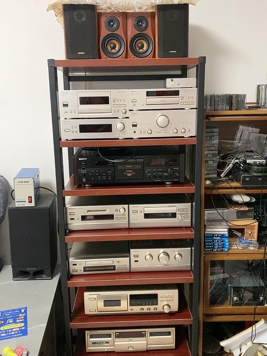 Stereo Rack System Cabinet - Height Adjustable with Rolling Wheels for Audio Equipment Storage in Home or Office