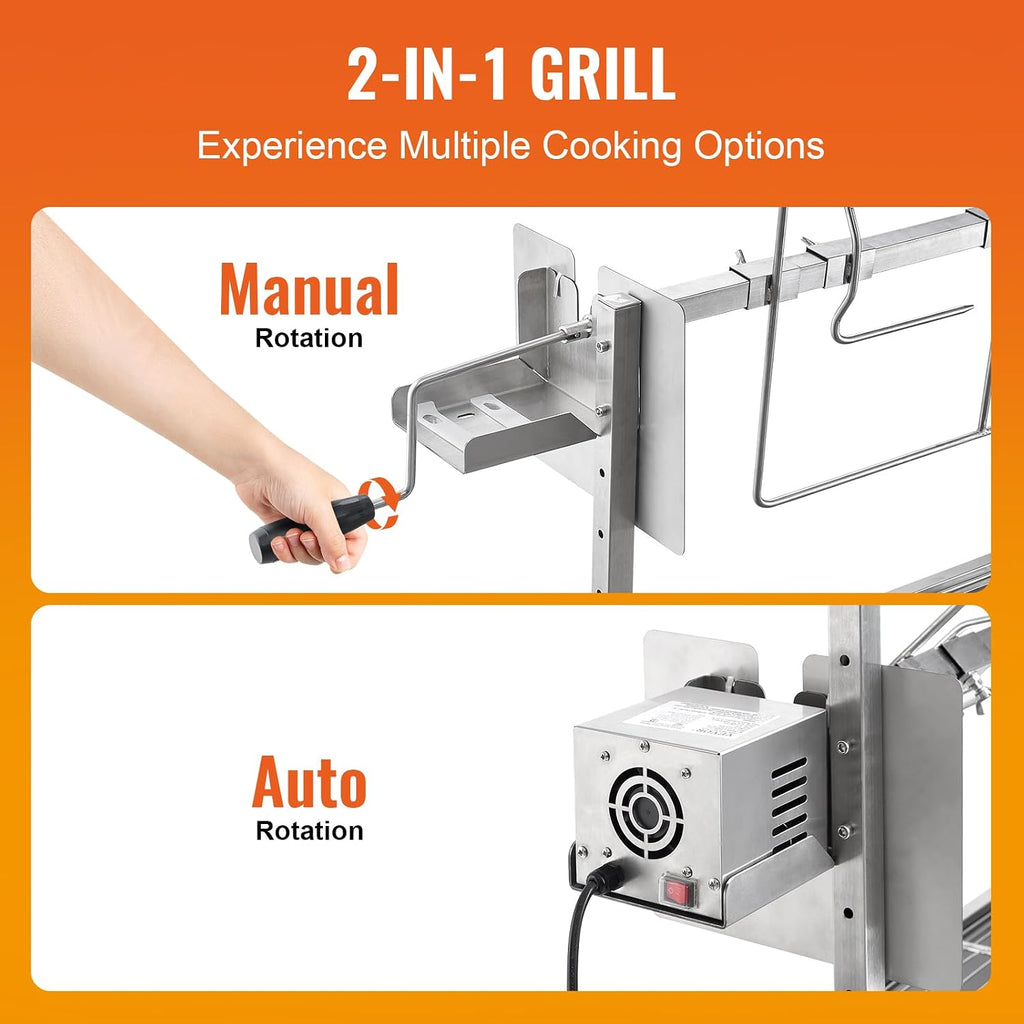 VEVOR Rotisserie Grill with Windscreen, BBQ Whole Pig Lamb Goat Charcoal Spit Grill, 35 Inch 90 Lbs Capacity, Electric 42W Motor Stainless Steel Roaster with Lockable Wheels, for Camping Outdoor