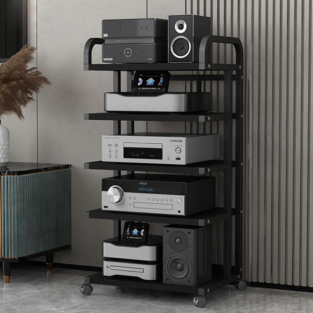 Black Record Player Shelf Movable, Media Stand DVD Audio Rack Floorstanding 3 4 5 Tier Component Storage Holder, Living Room Game Equipment Cabinet(Color:5 Tier 50x40x106cm)